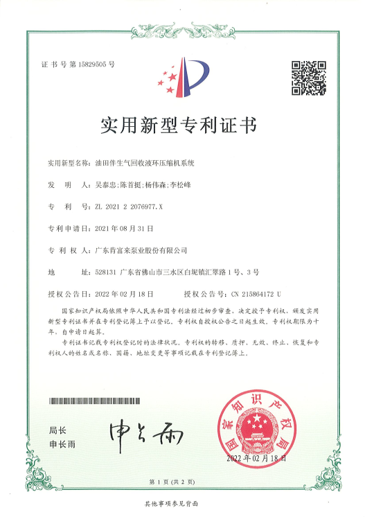 ZL202122076977X油田伴生气回收液环压缩机系统（实用新型）